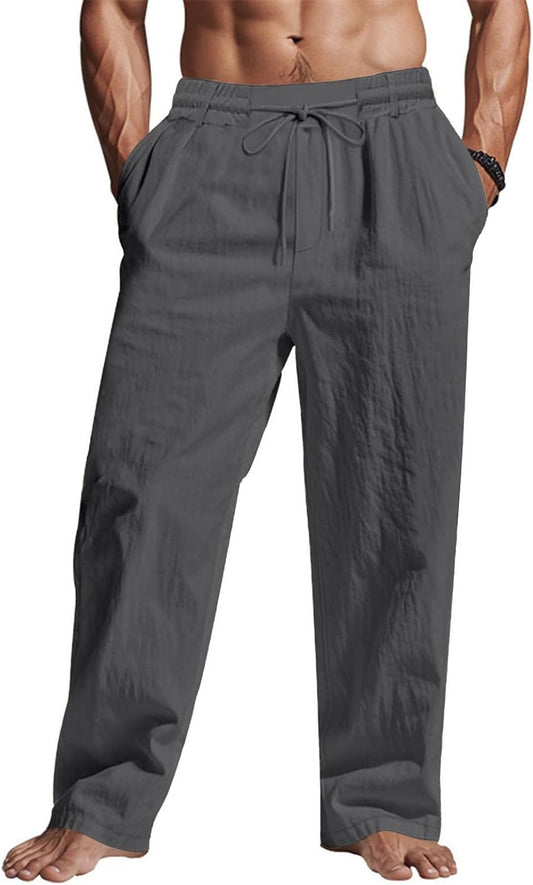 Puimentiua Casual Linen Pants Men Elastic Drawstring Baggy Summer Lounge
