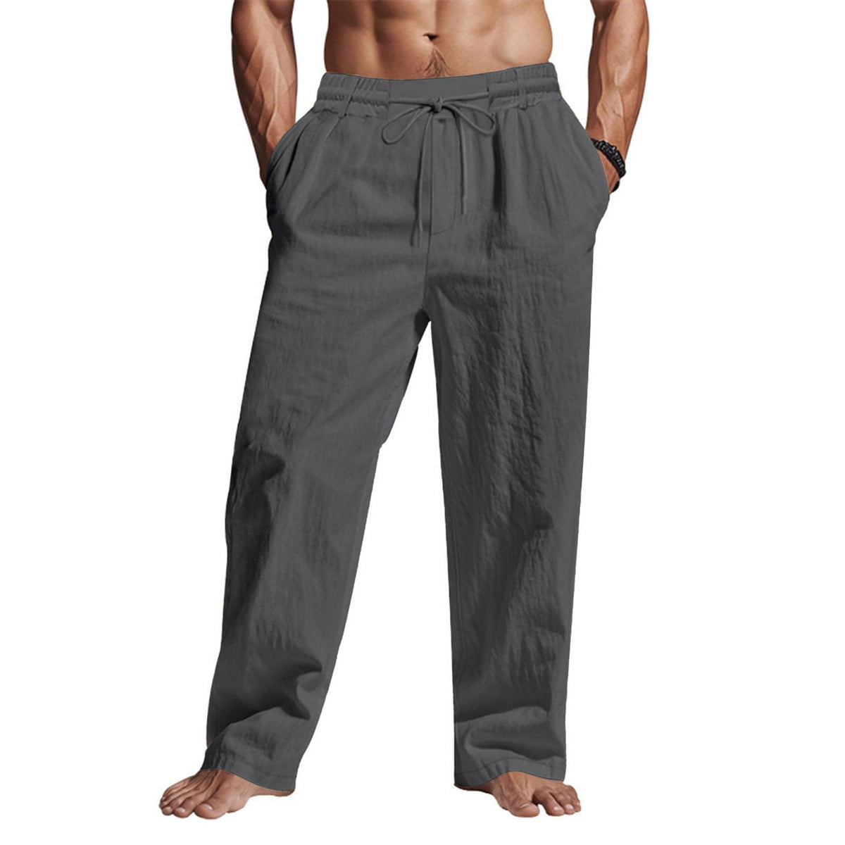 Puimentiua Casual Linen Pants Men Elastic Drawstring Baggy Summer Lounge