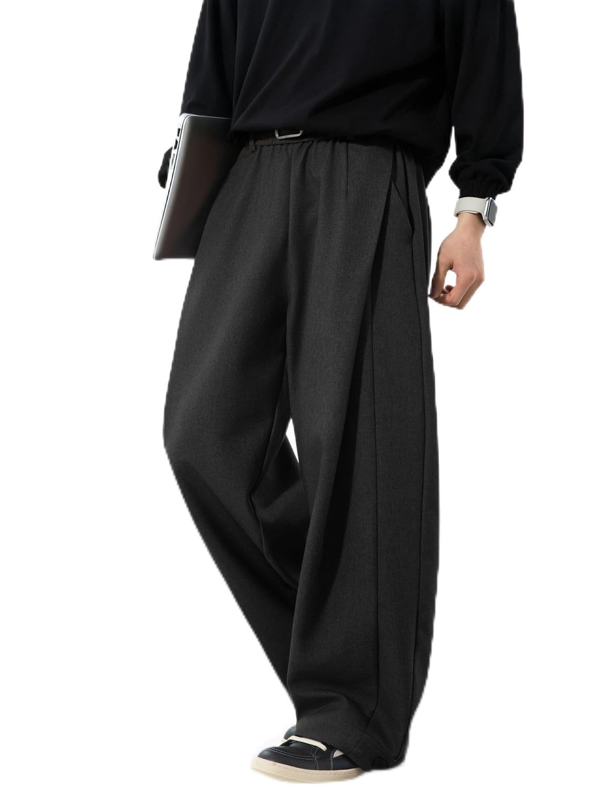 Mens Pleated Wide Leg Baggy Dress Pants Casual Elastic Waist Fall Long Trousers with Pockets