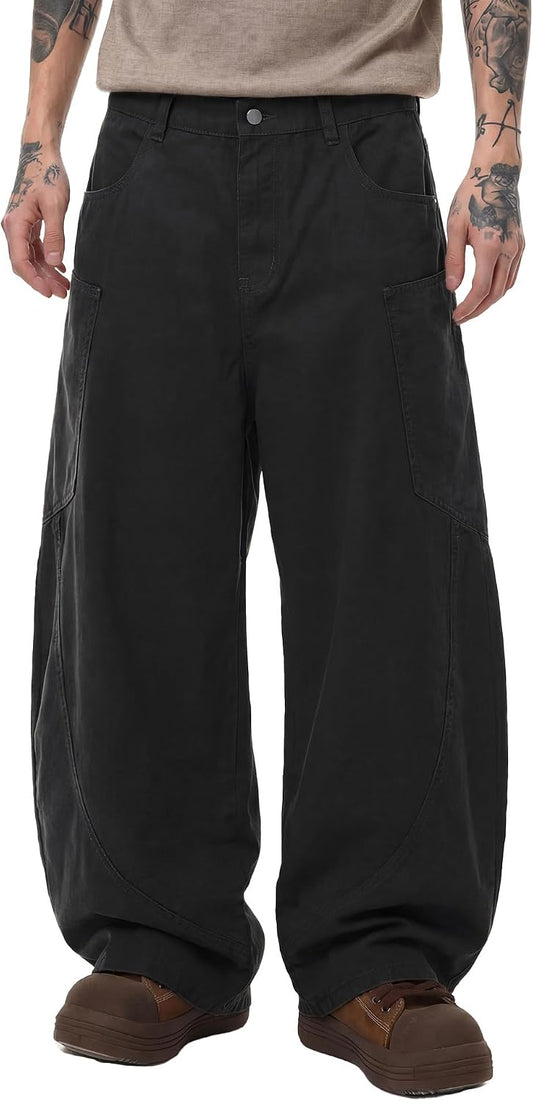 Mens Wide Leg Pants Elastic Waist Pants Pleated Loose Trendy Long Trousers
