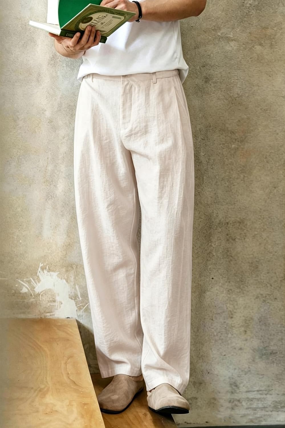 Heyfanee Linen Pants Men Casual Summer Beach Pleated Trousers Loose Fit