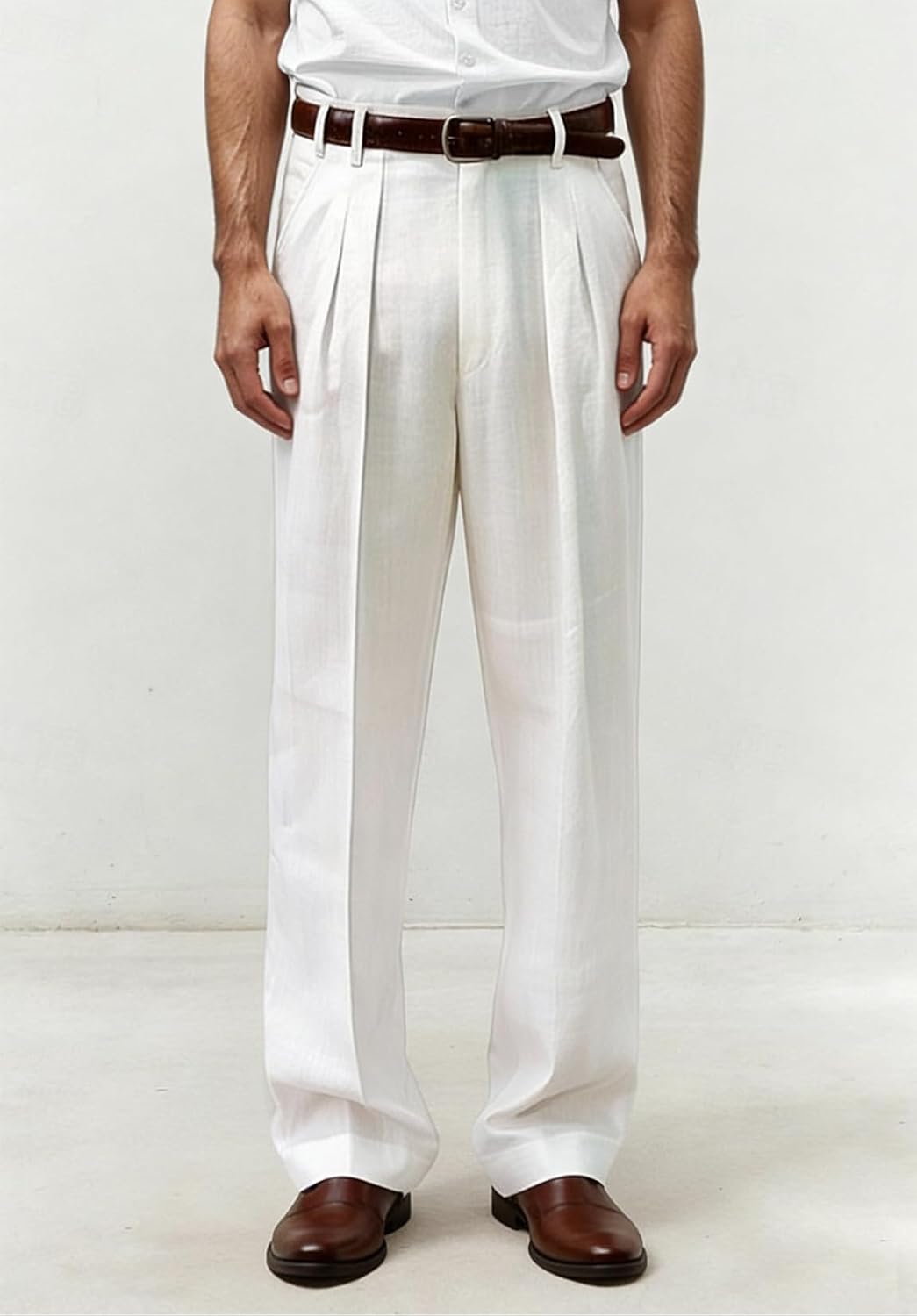Mens Linen Blend Pants Pleated Front Relaxed Fit Trousers