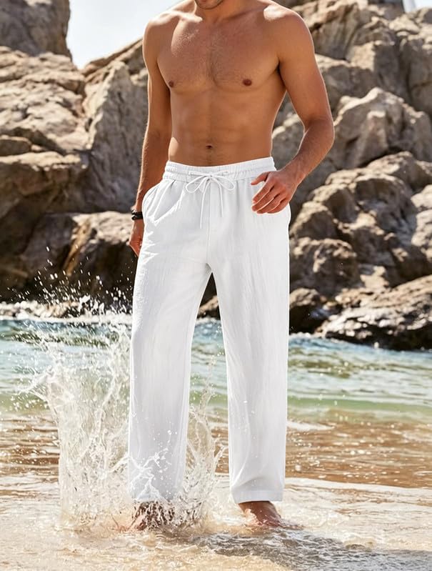 Mens Cotton Linen Pants Summer Beach Pant Loose Fit with Drawstring