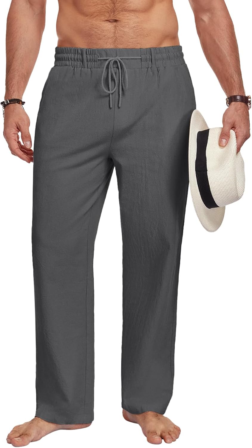 Puimentiua Casual Linen Pants Men Elastic Drawstring Baggy Summer Lounge