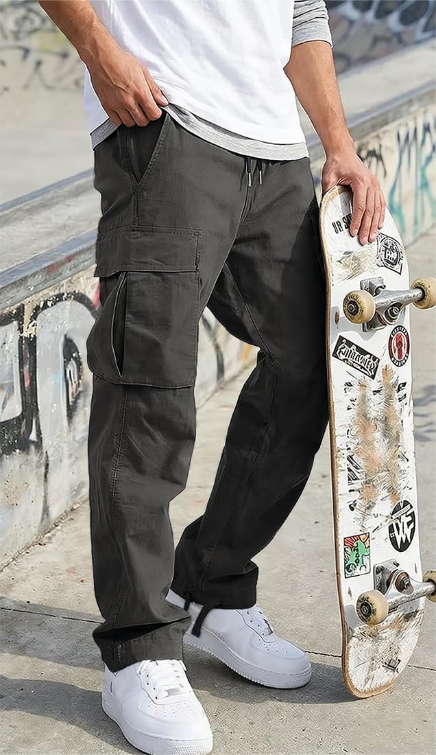 HUNGSON Mens Cargo Pants Drawstring Casual Hiking Pants Joggers Athletic Trousers Cotton Loose Straight Sweatpants for Men