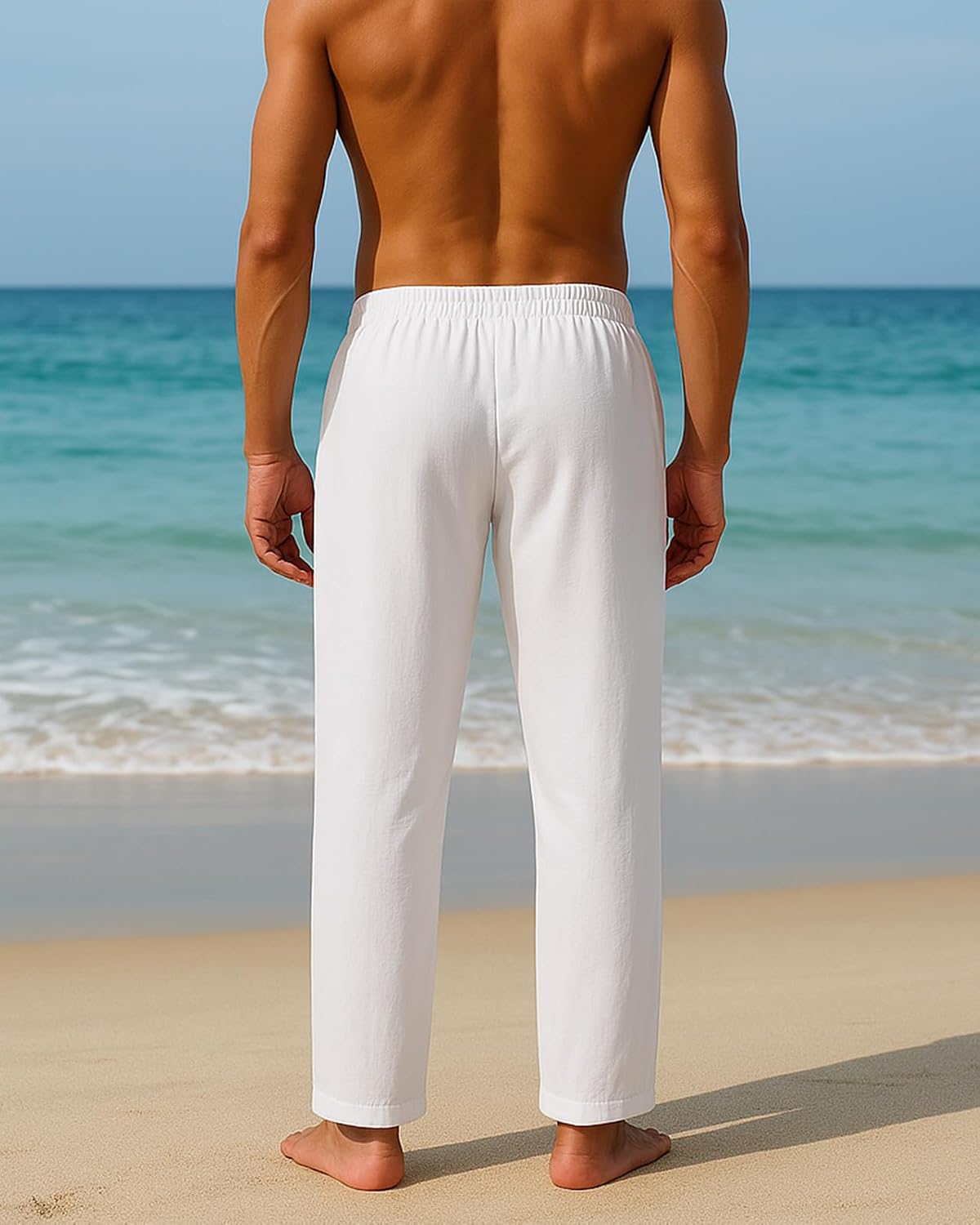 BUXKR Men's Linen Pants Beach Casual Cotton Summer Lightweight Elastic Waist Drawstring with Deep Pockets