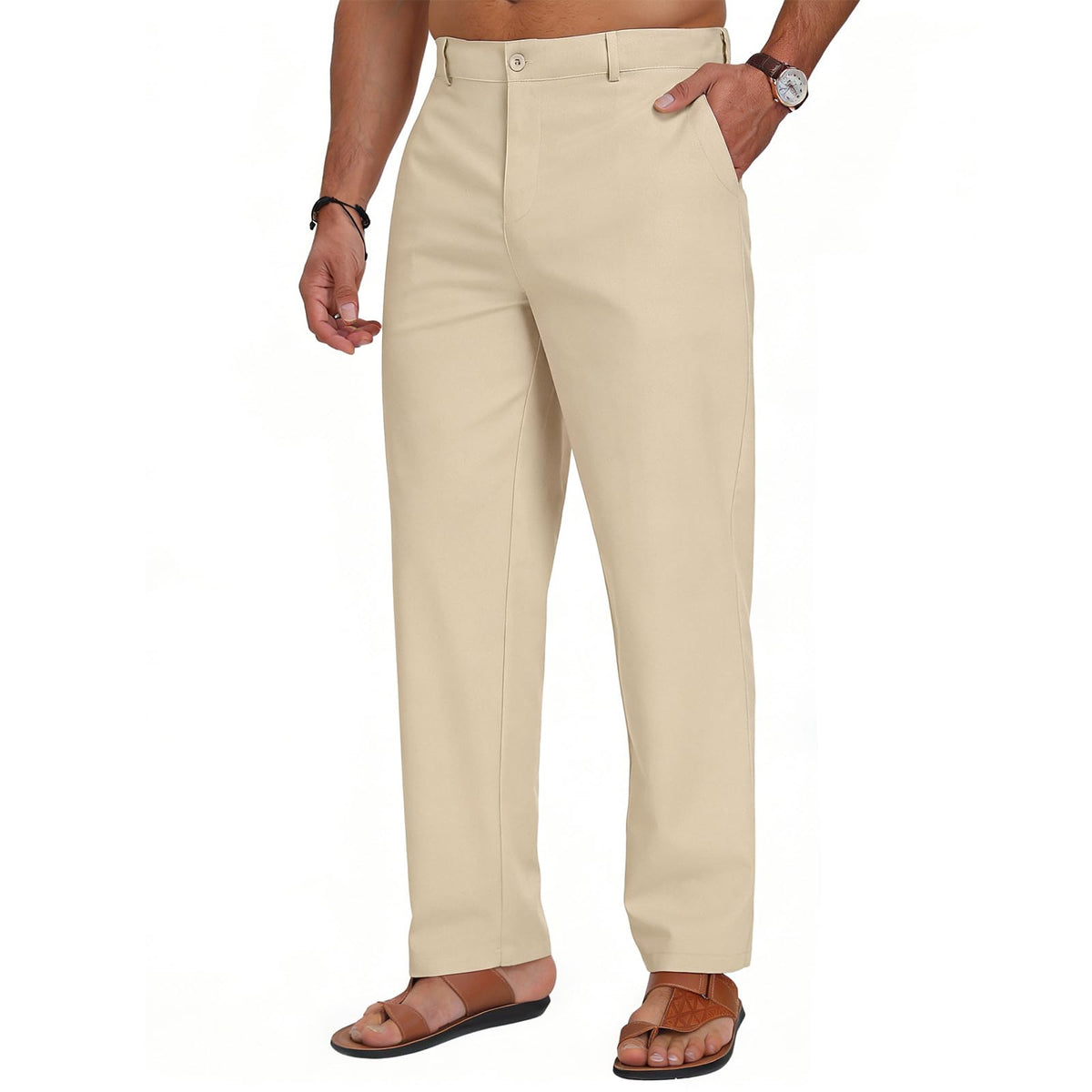Puimentiua Mens Linen Casual Business Dress Pants Elastic Waist Regular Fit
