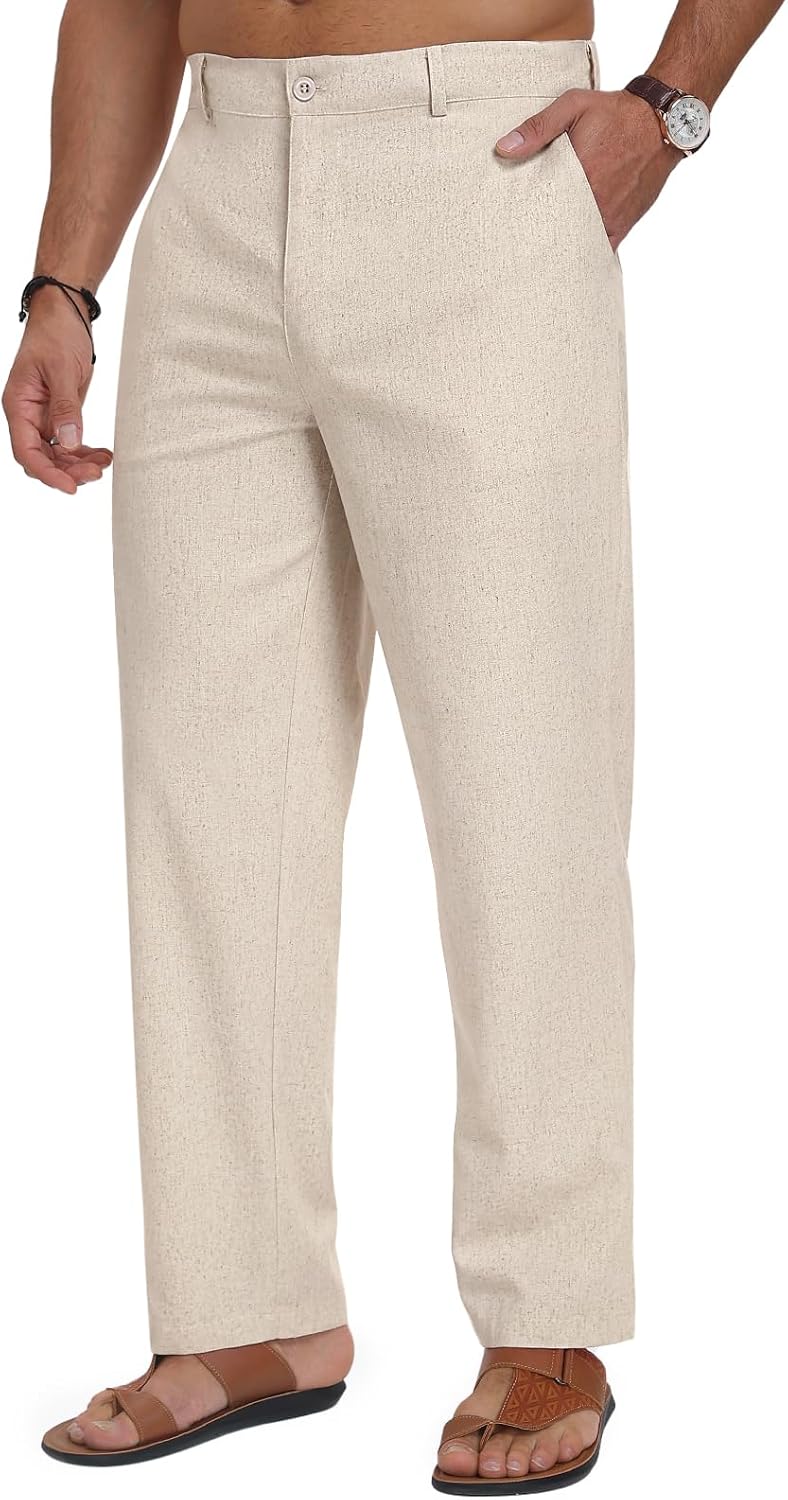 Puimentiua Mens Linen Casual Business Dress Pants Elastic Waist Regular Fit