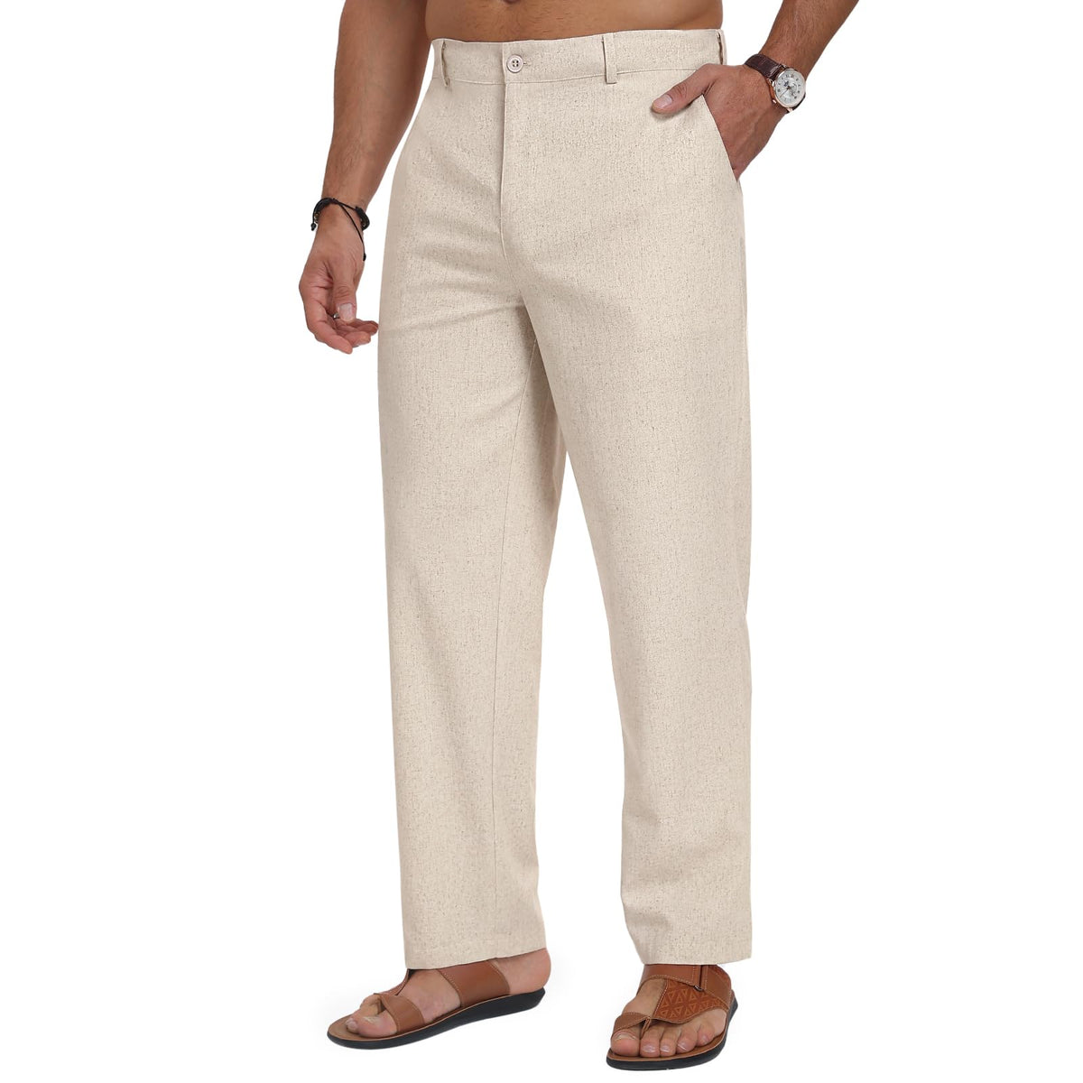 Puimentiua Mens Linen Casual Business Dress Pants Elastic Waist Regular Fit