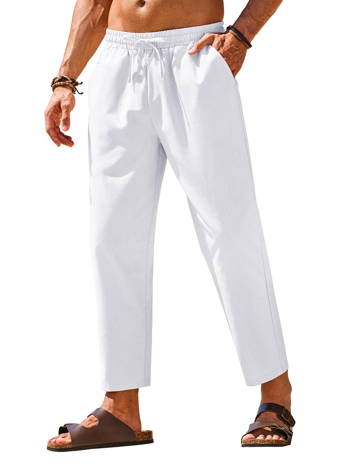 COOFANDY Mens Linen Casual Pants Elastic Drawstring Trousers Summer Pants
