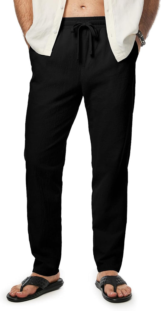 JMIERR Mens 100% Cotton Pants Casual Elastic Waist Drawstring Lightweight Summer Beach Trousers with Pockets