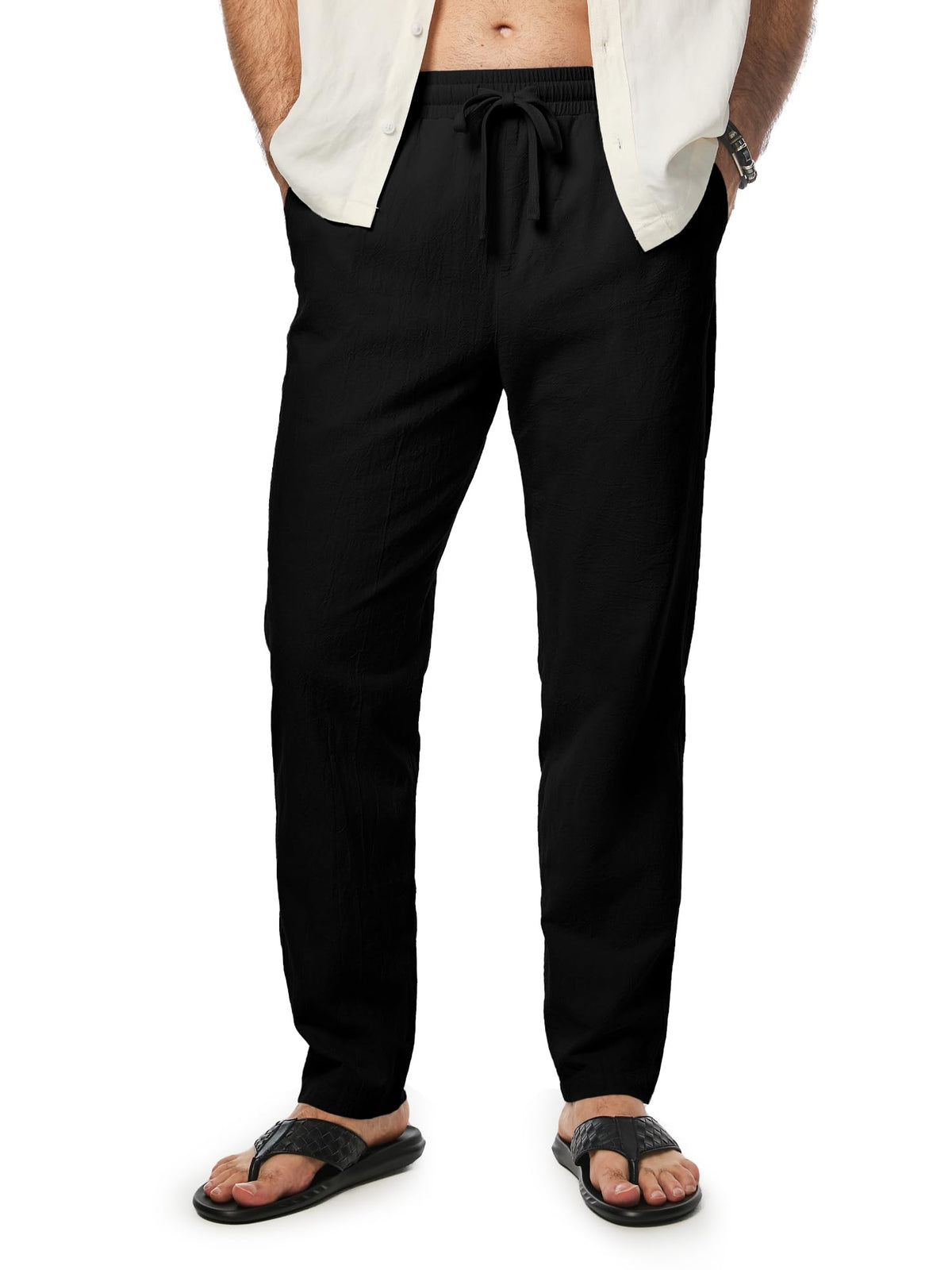 JMIERR Mens 100% Cotton Pants Casual Elastic Waist Drawstring Lightweight Summer Beach Trousers with Pockets