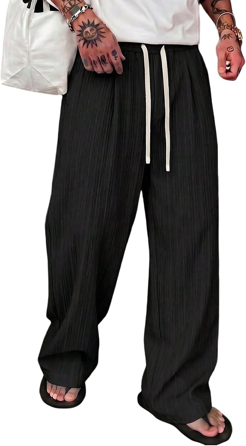 SOLY HUX Men's Striped Baggy Wide Leg Pants Drawstring Pants Trousers