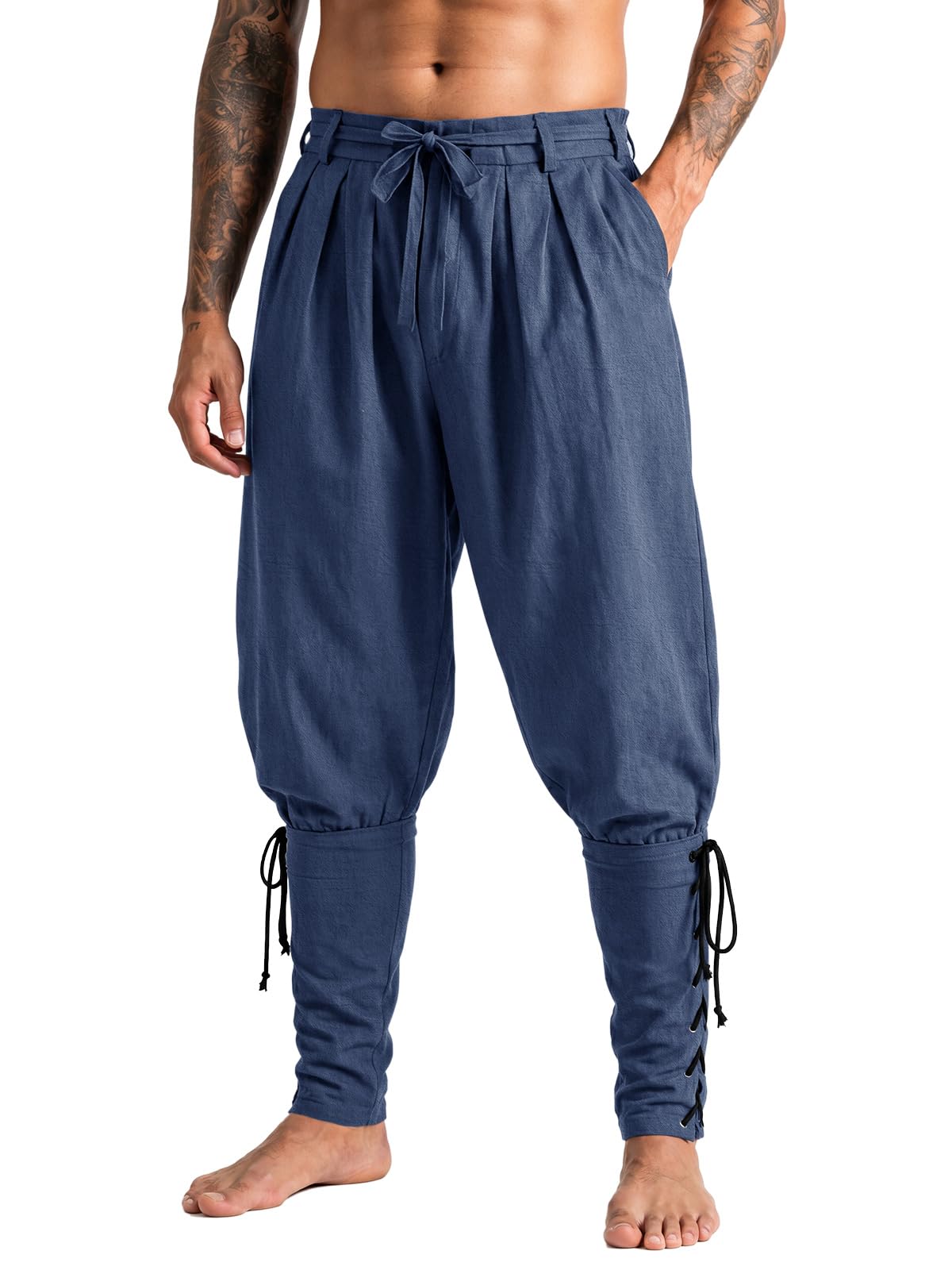 Runcati Mens Medieval Pirate Pants Ankle Banded Renaissance Viking Trousers