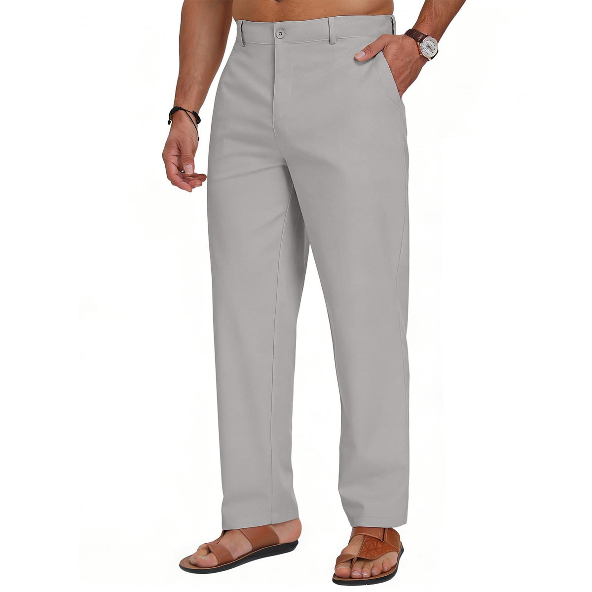 Puimentiua Mens Linen Casual Business Dress Pants Elastic Waist Regular Fit