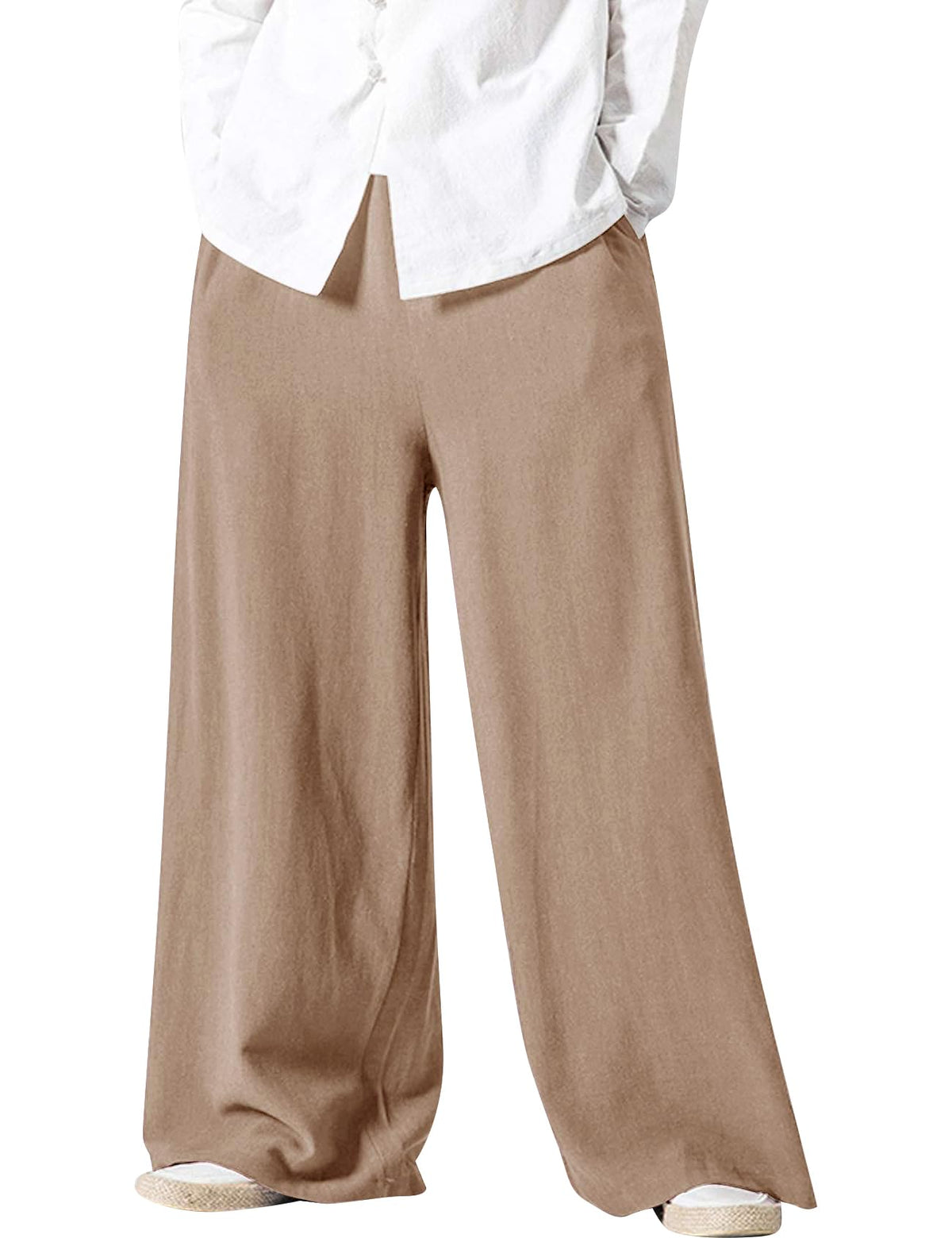 Kissonic Mens Casual Linen Pants Elastic Waist Cotton Wide Leg Trousers