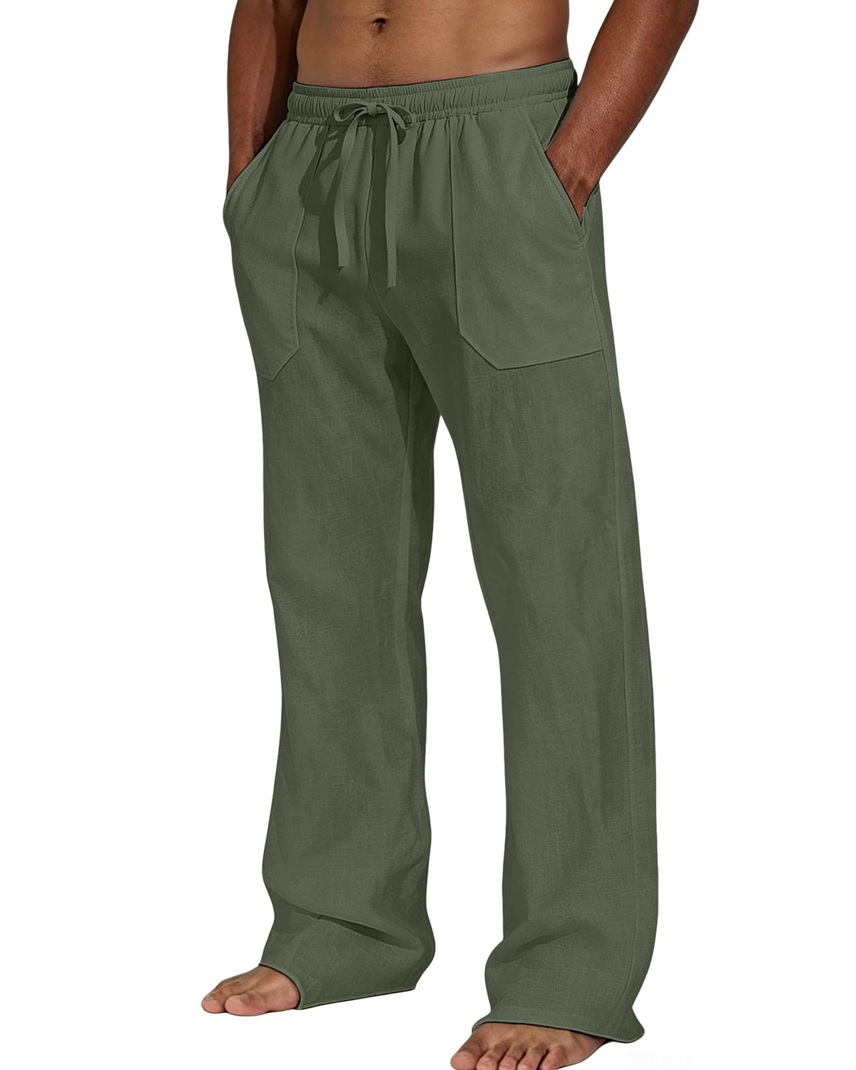 Men's Cotton Linen Casual Pants Elastic Waist Drawstring Loose Straight Leg Lightweight Summer Beach Yoga Lounge Trousers