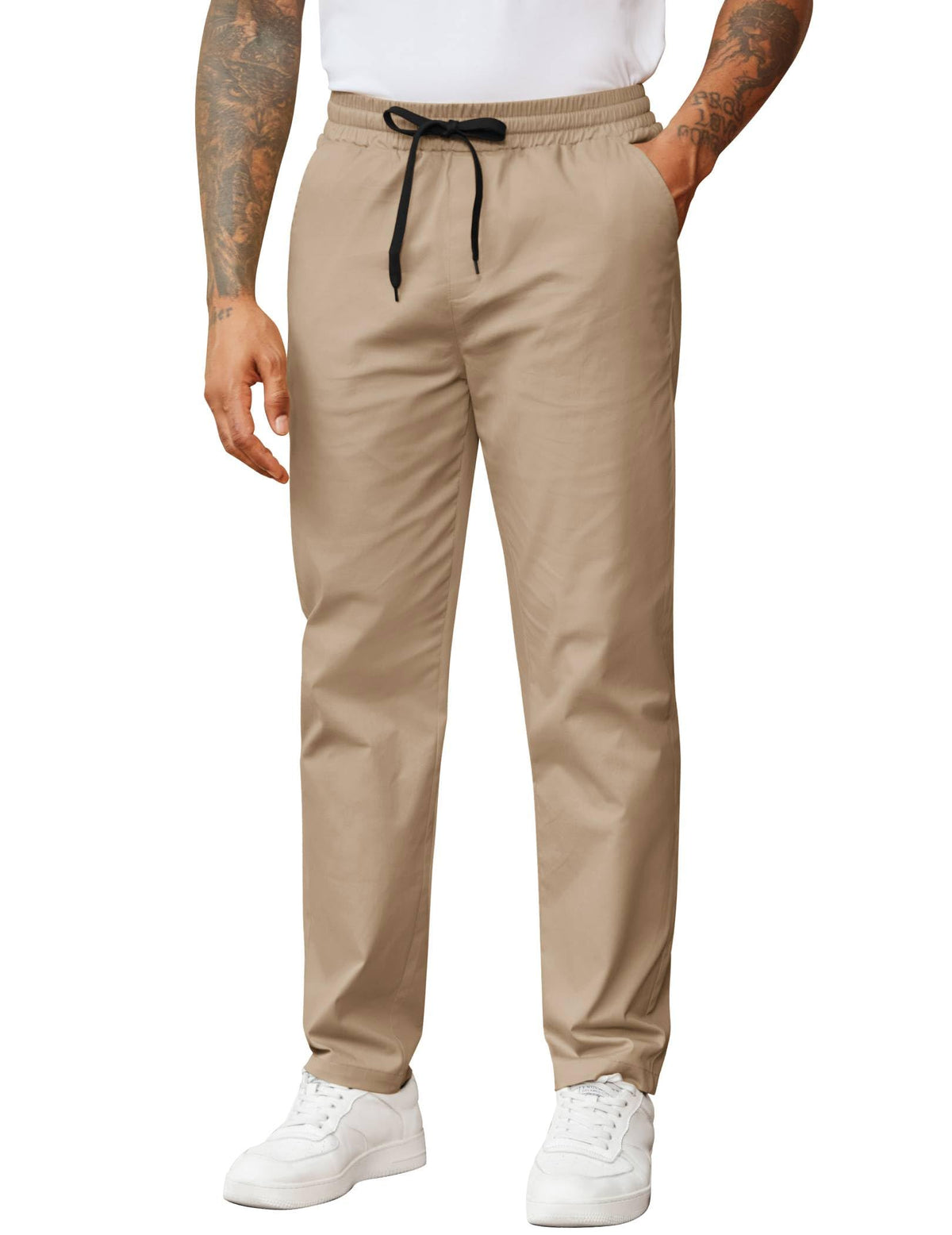 COOFANDY Men's Casual Pants Drawstring Elastic Waist Chino Pants Straight Leg Slacks Cotton Twill Trousers with Pockets