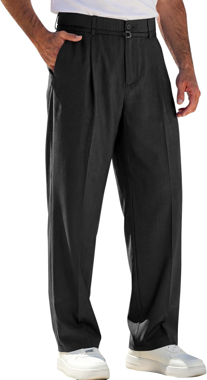 Runcati Mens Casual Dress Pants Elastic Waist Pleated Baggy Wide Leg Slacks