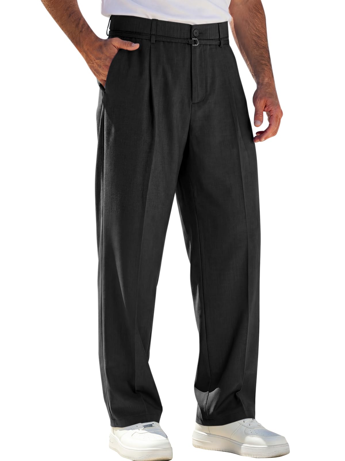 Runcati Mens Casual Dress Pants Elastic Waist Pleated Baggy Wide Leg Slacks
