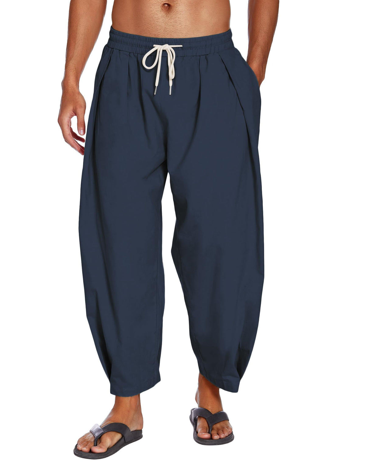 COOFANDY Men's Cotton Linen Harem Pants Drawstring Casual Cropped Trousers Lightweight Loose Beach Yoga Pants with Pockets