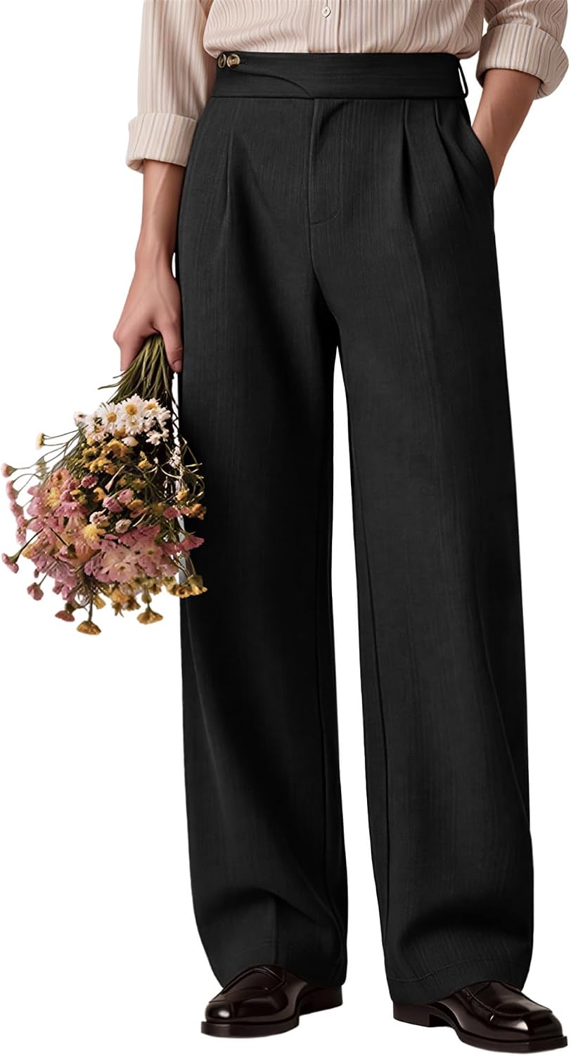 Susclude Mens Baggy Dress Pants Old Money Vintage Pleated Wide Leg Pants Summer Casual Slacks Relaxed Fit Trousers