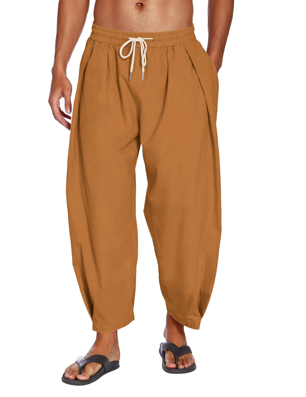 COOFANDY Men's Cotton Linen Harem Pants Drawstring Casual Cropped Trousers Lightweight Loose Beach Yoga Pants with Pockets