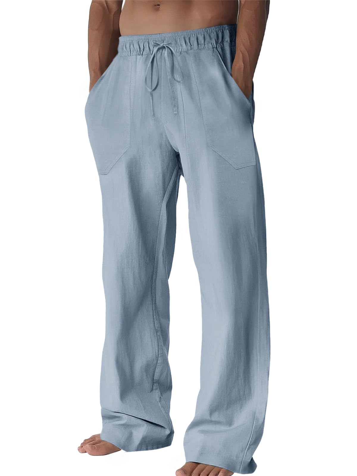 Runcati Mens Casual Pants Linen Drawstring Elastic Waist Loose Fit Straight Leg Pants Summer Beach Vacation Yoga Trousers