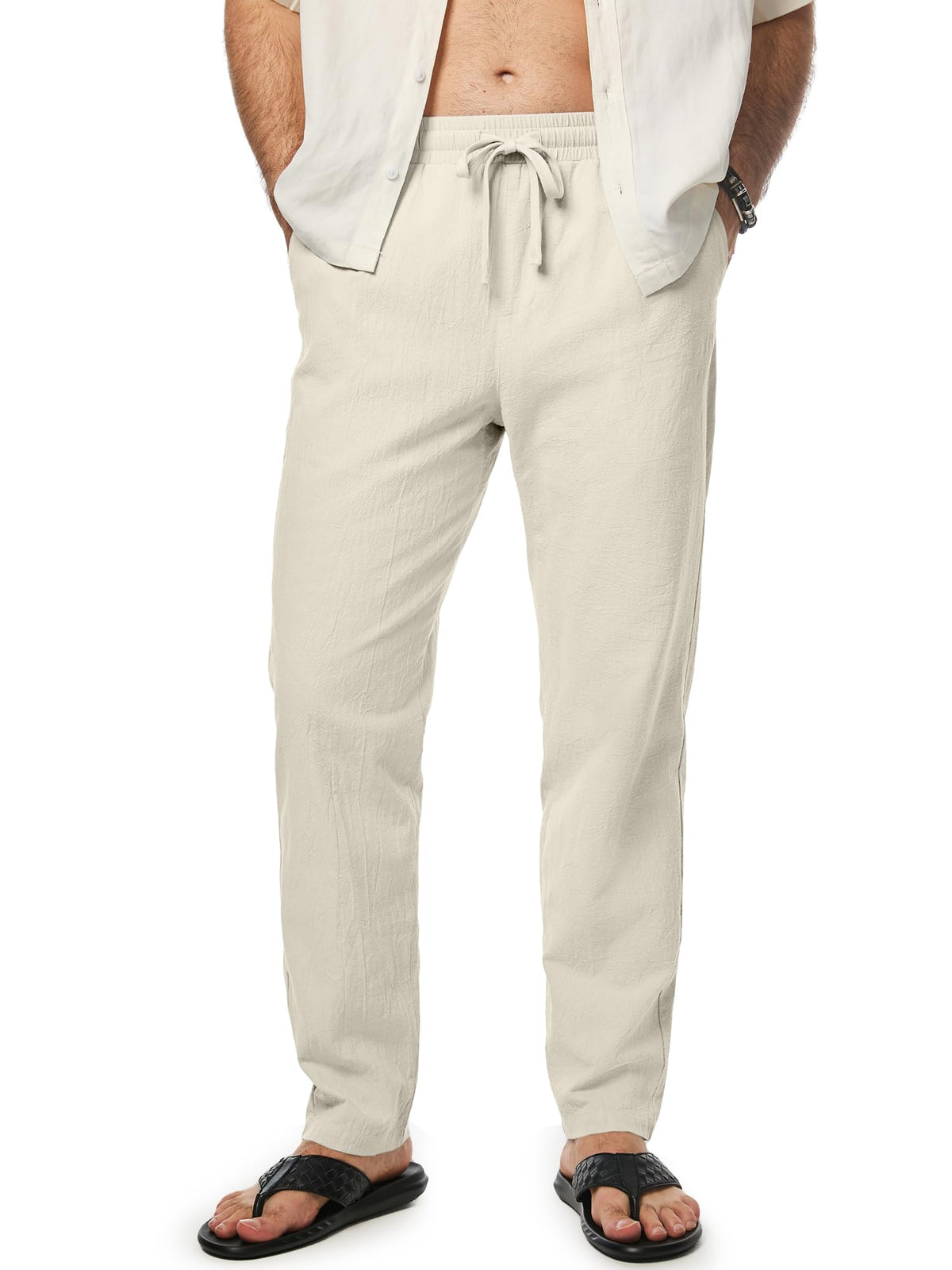 JMIERR Mens 100% Cotton Pants Casual Elastic Waist Drawstring Lightweight Summer Beach Trousers with Pockets