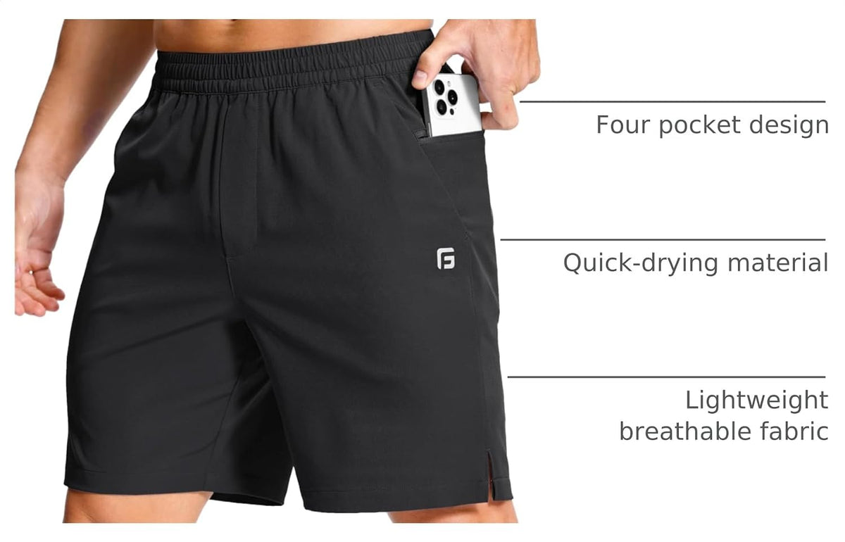 GGJ Men's Lightweight Athletic Shorts with 2 Zipper Pockets 7"/9"/5" Gym Workout Running Quick Dry Tennis Shorts for Men