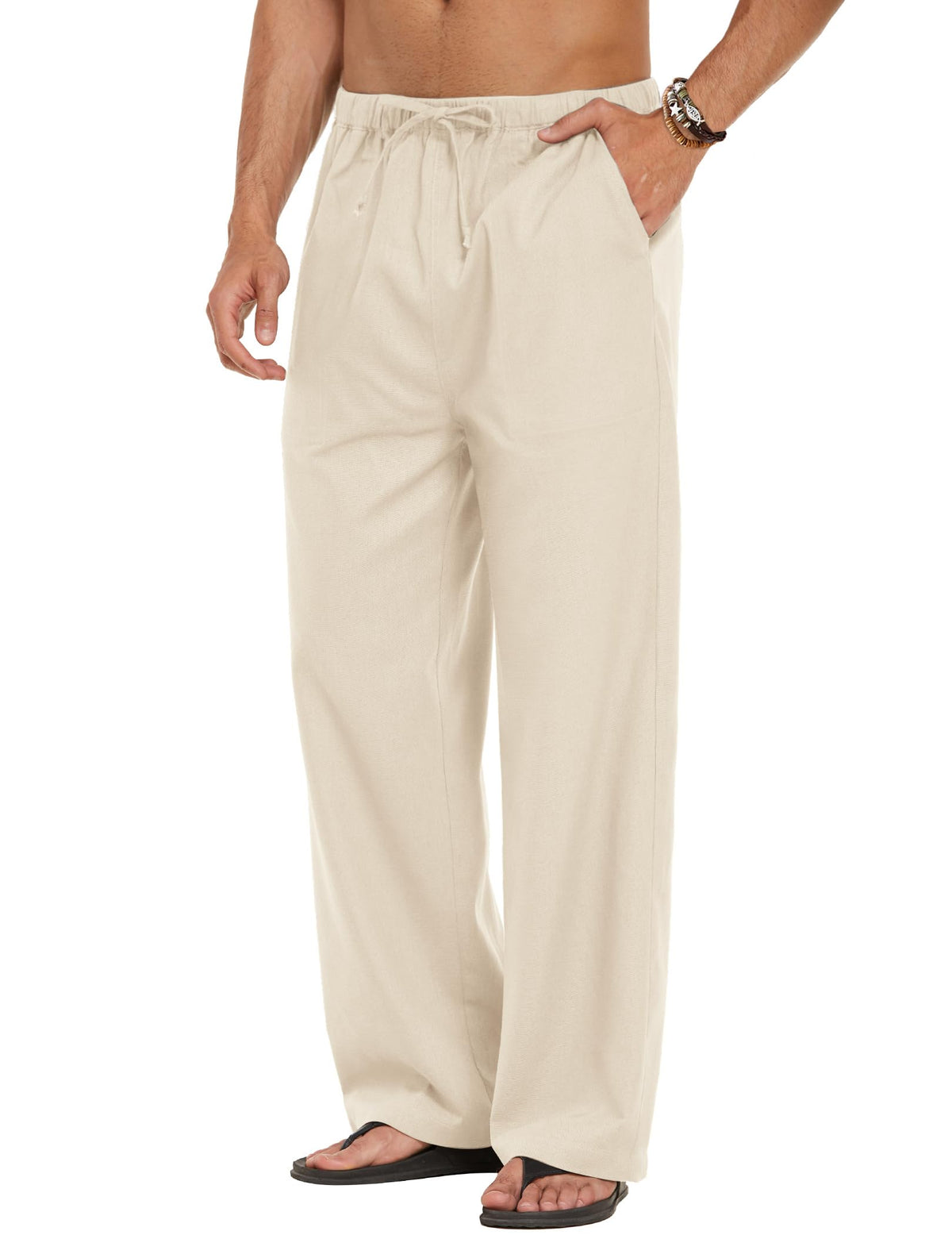 COOFANDY Men Linen Pants Casual Elastic Waist Drawstring Pants Summer Beach
