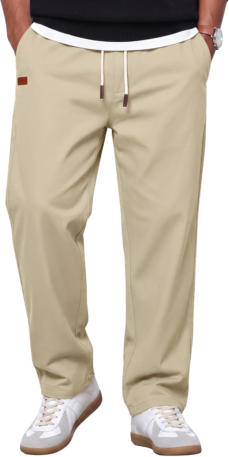 COOFANDY Mens Casual Pants Elastic Waist Drawstring Chino Pant Cotton Twill Stretch Slacks with Pocket