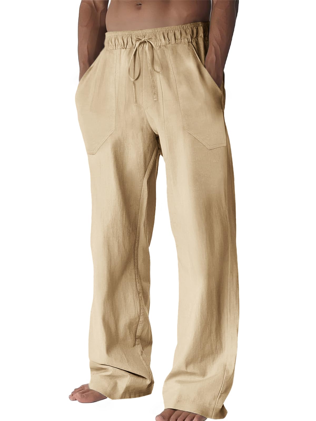 Runcati Mens Casual Pants Linen Drawstring Elastic Waist Loose Fit Straight Leg Pants Summer Beach Vacation Yoga Trousers