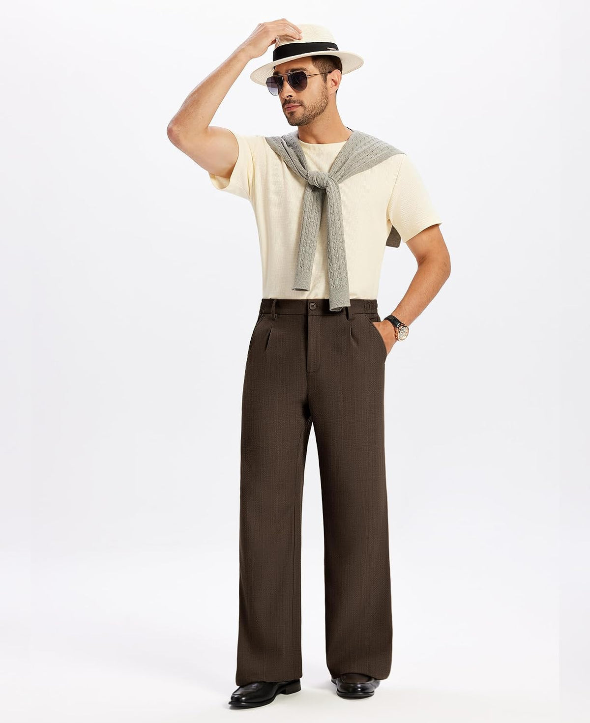 Susclude Mens Bootcut Casual Dress Pants Flared Wide Leg Old Money Pleated Elastic Waist Slacks Vintage Work Office Trousers