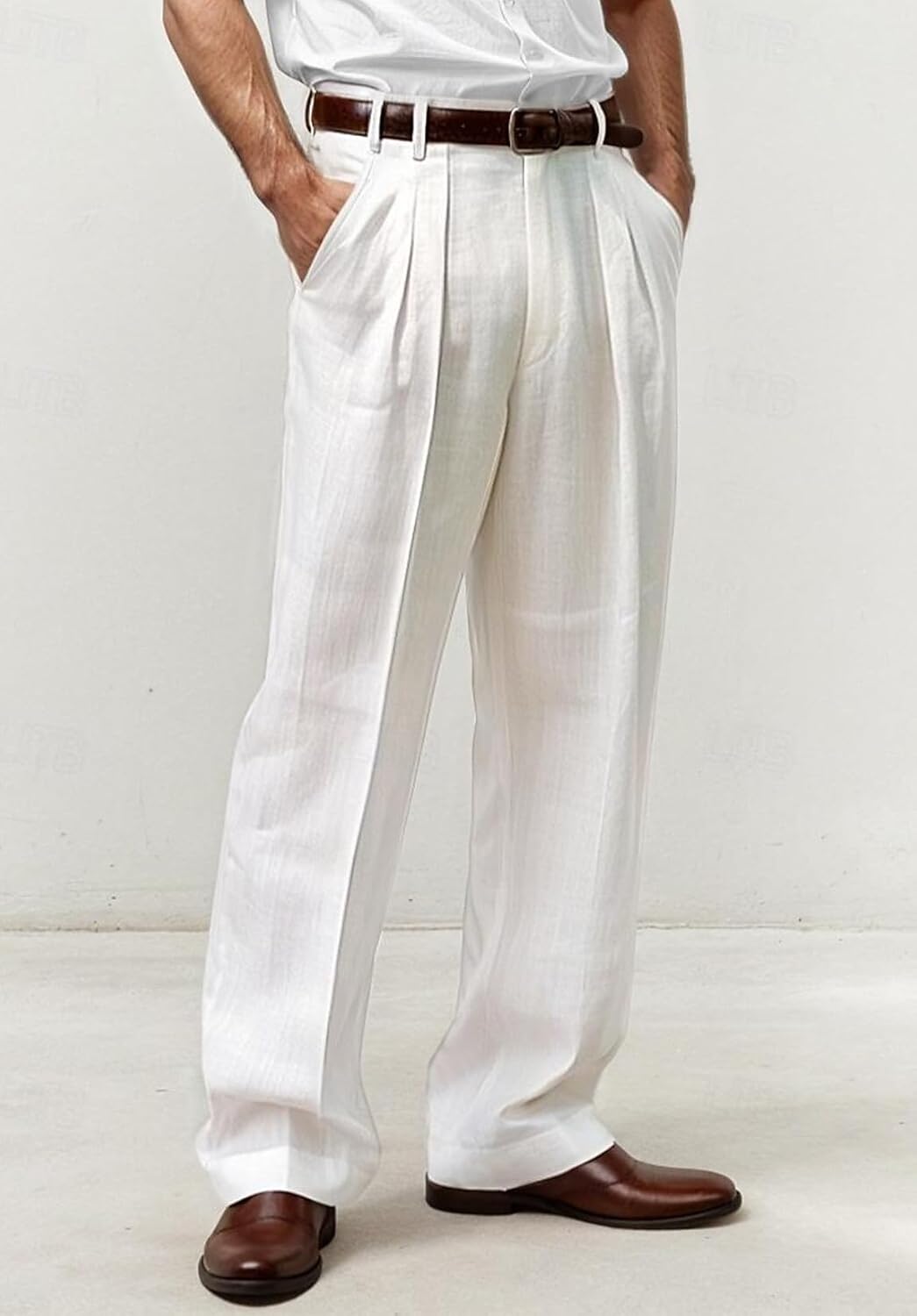 Mens Linen Blend Pants Pleated Front Relaxed Fit Trousers