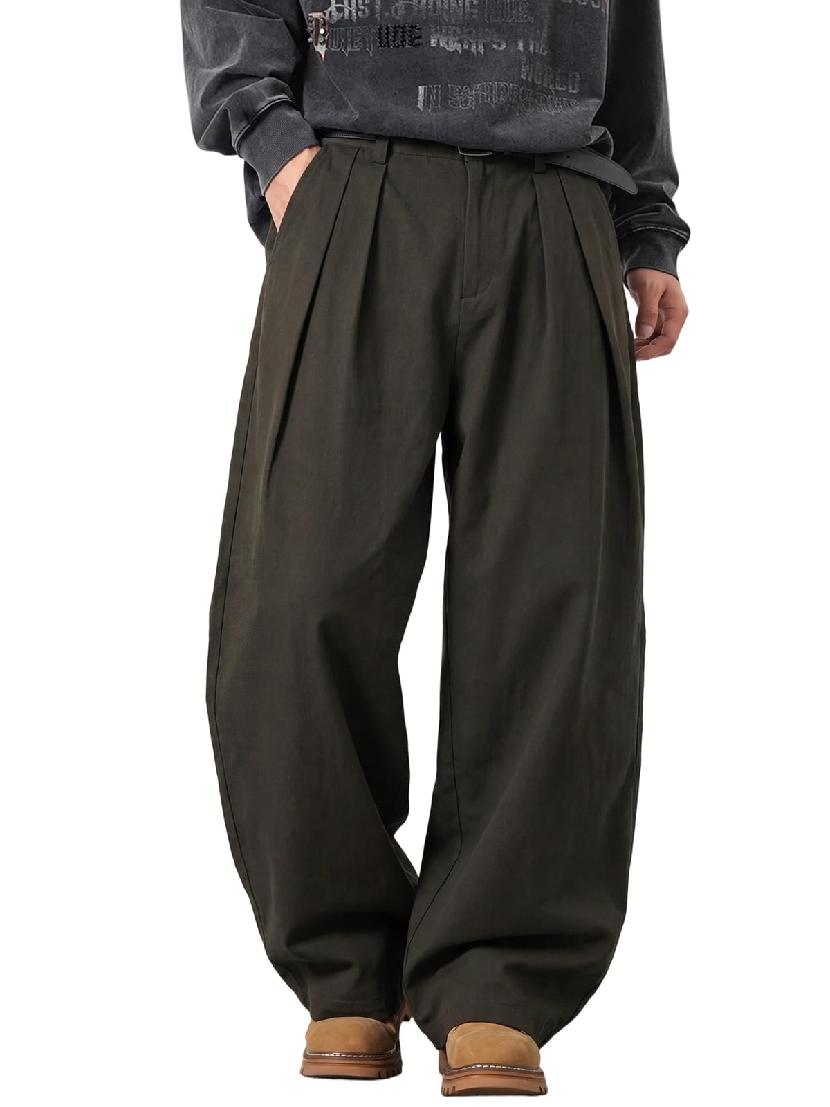 Mens Wide Leg Pants Elastic Waist Pants Pleated Loose Trendy Long Trousers
