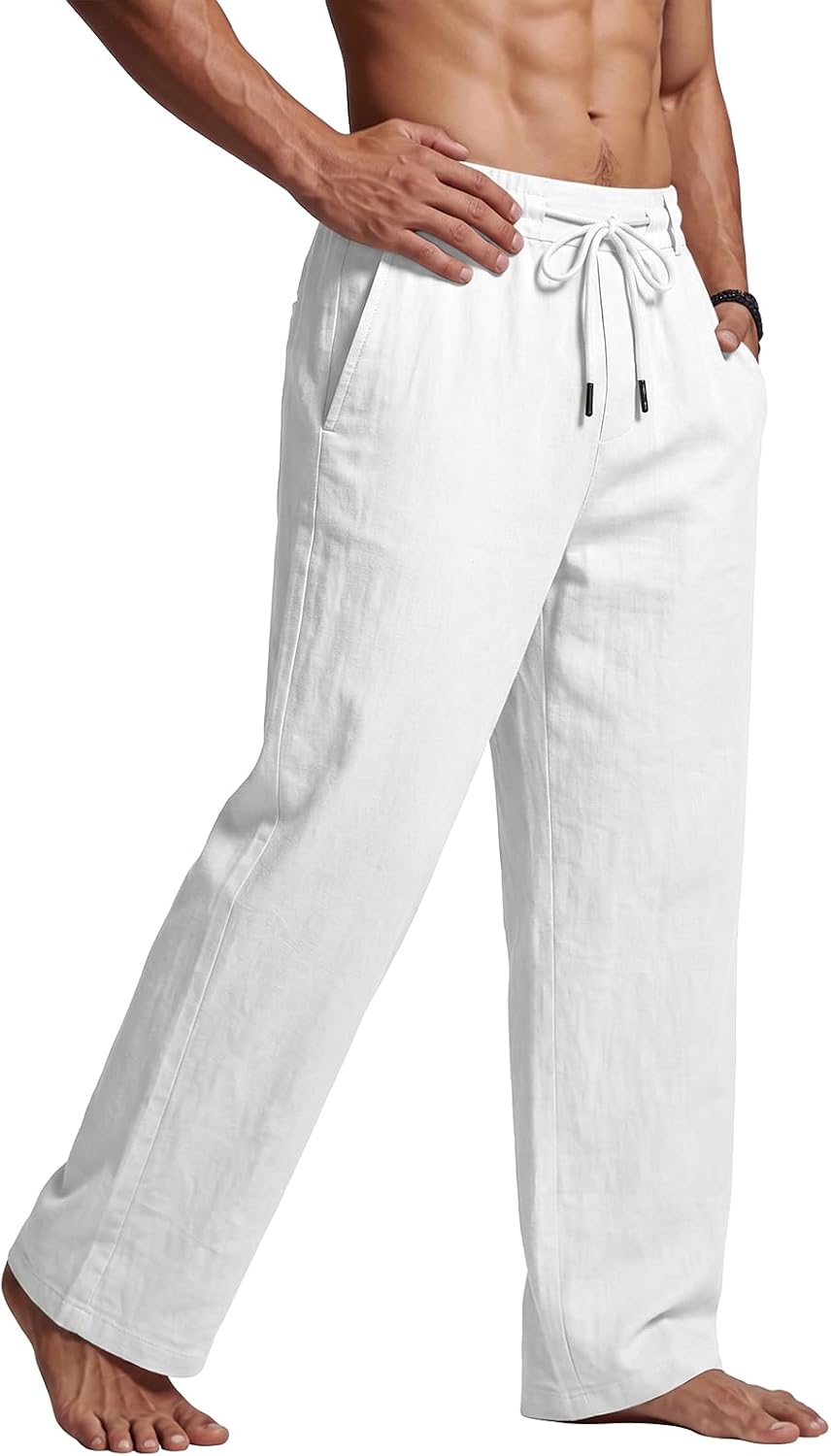 PIDOGYM Men's Cotton Linen Pants Summer Beach Pants Golf Dress Trousers