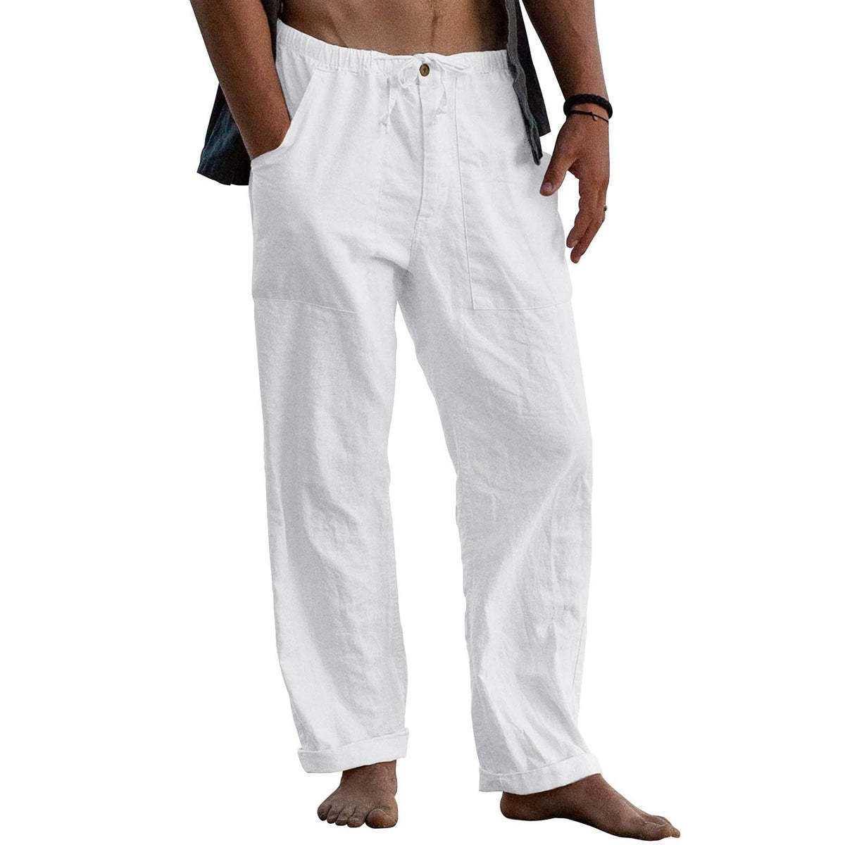 Puimentiua Mens Cotton Linen Pants Casual Loose Fit Summer Beach Pants