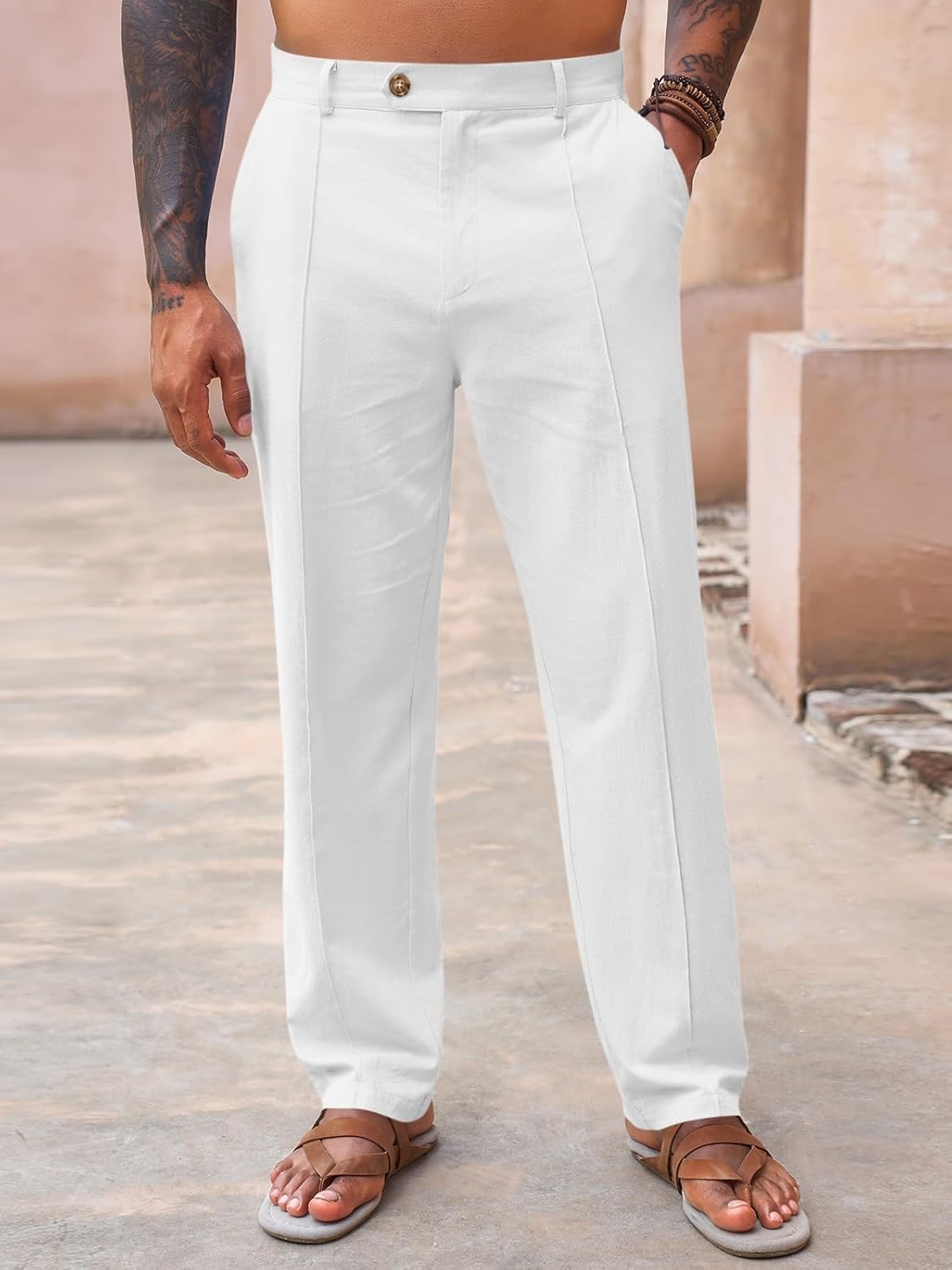 Runcati Mens Cotton Linen Casual Pants Dress Elastic Waist Trousers Slacks