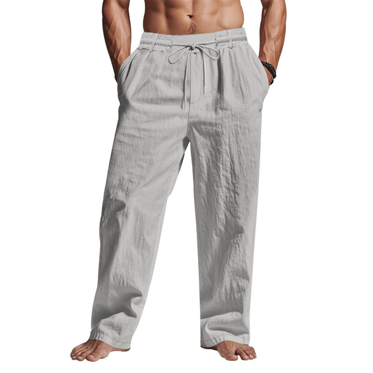 Puimentiua Casual Linen Pants Men Elastic Drawstring Baggy Summer Lounge