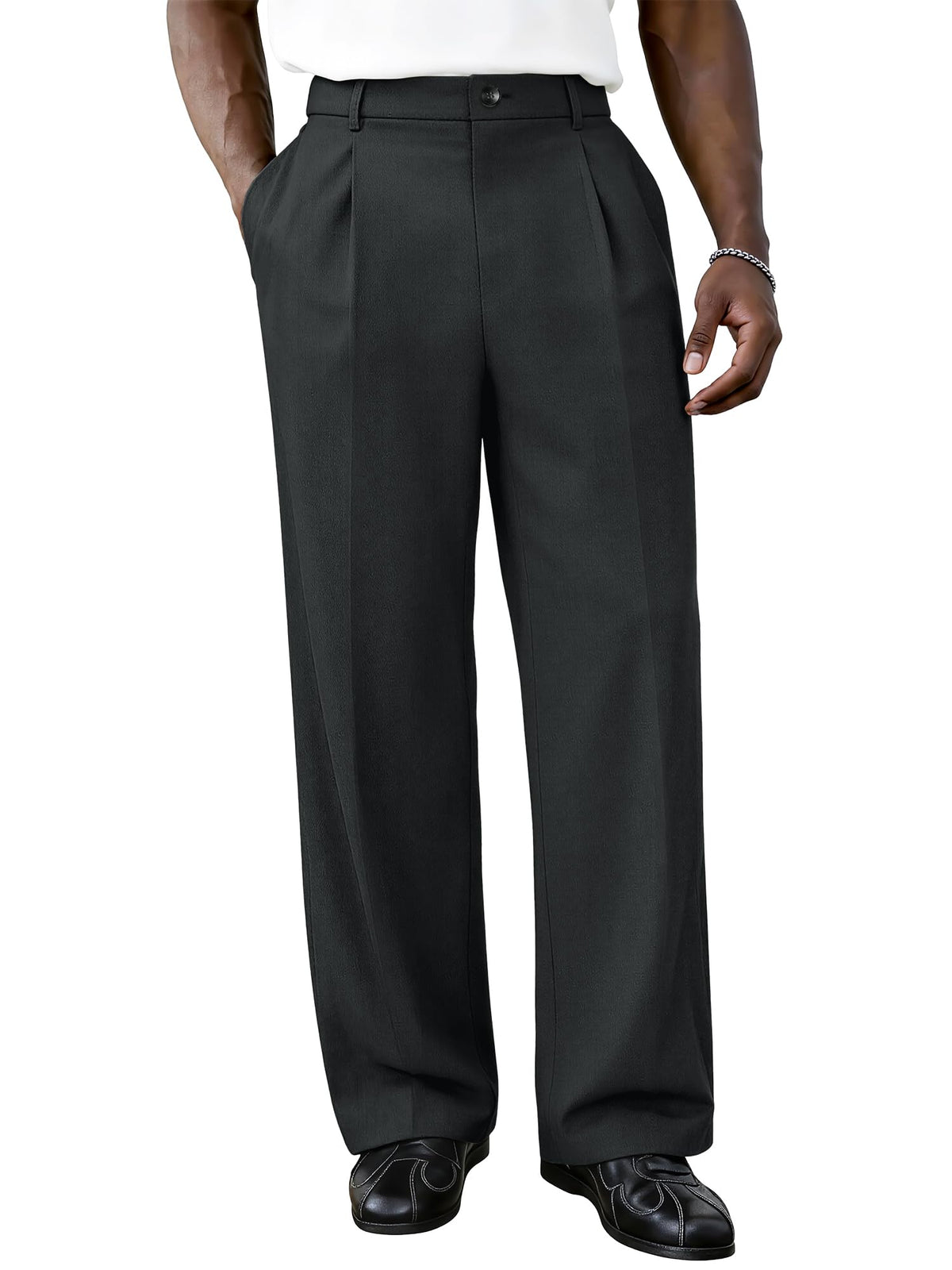 PLEPAN Men's Baggy Dress Pants Pleated Wide Leg Relaxed Fit Slacks