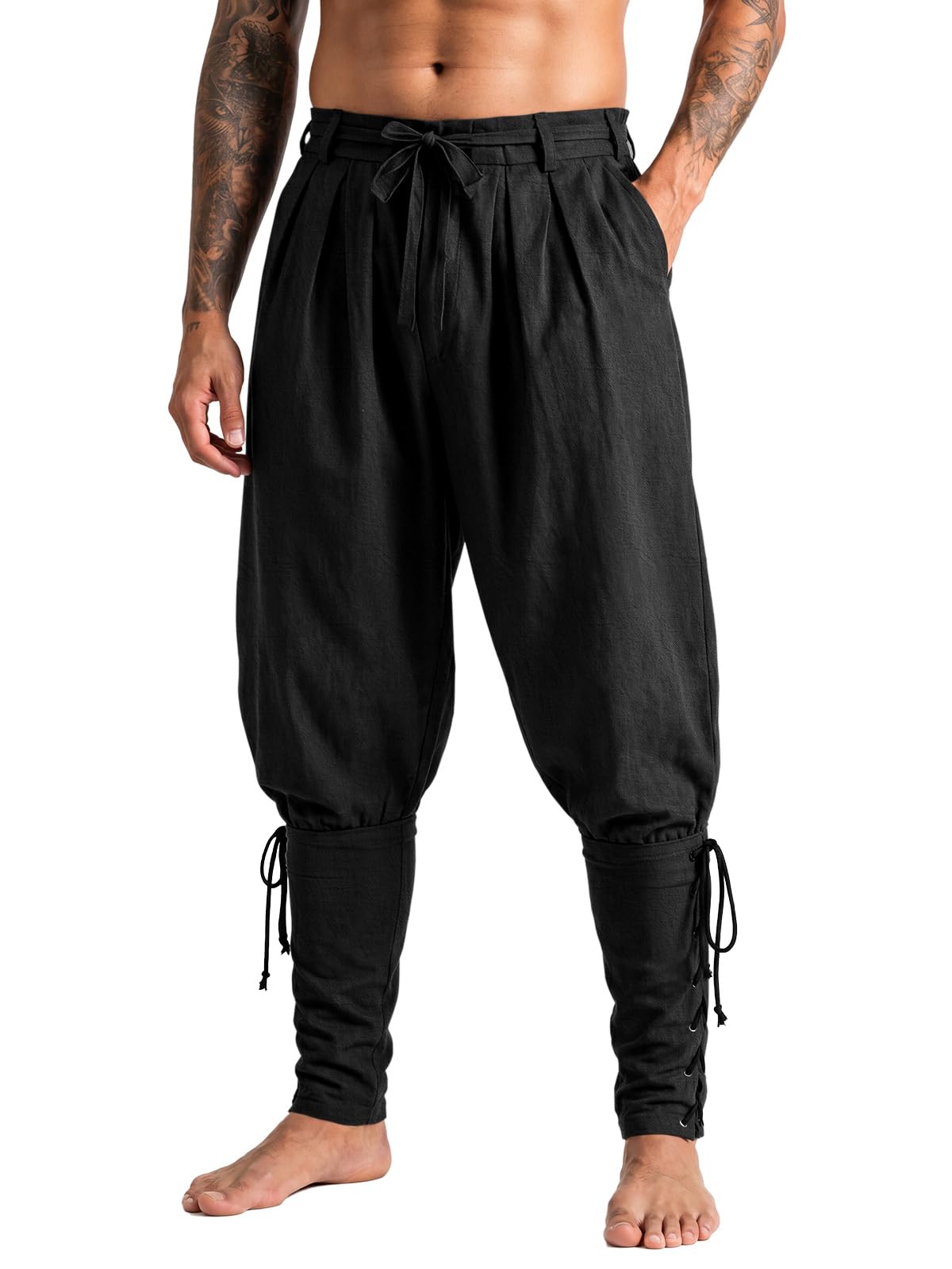 Runcati Mens Medieval Pirate Pants Ankle Banded Renaissance Viking Trousers