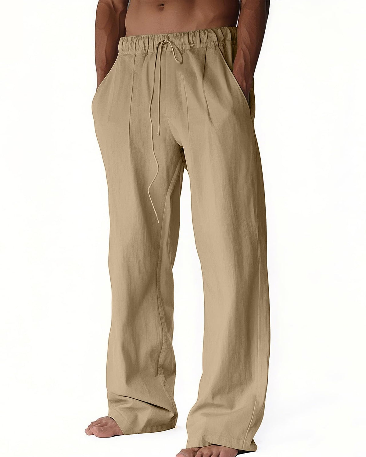 BUXKR Men's Linen Pants Beach Casual Cotton Summer Lightweight Elastic Waist Drawstring with Deep Pockets