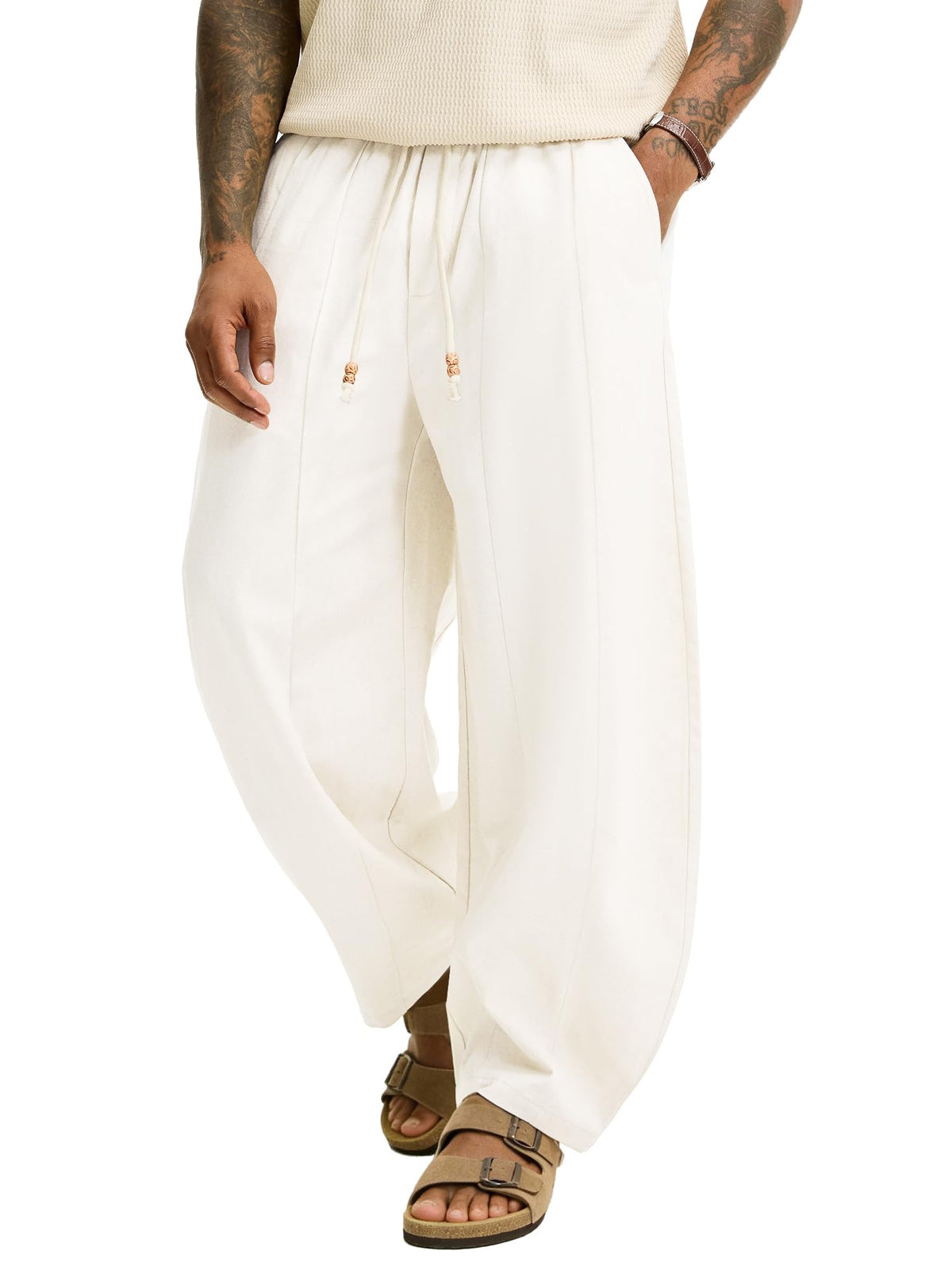 JEMLDL Men's Baggy Linen Cotton Pants Drawstring Summer Beach Vacation Pant