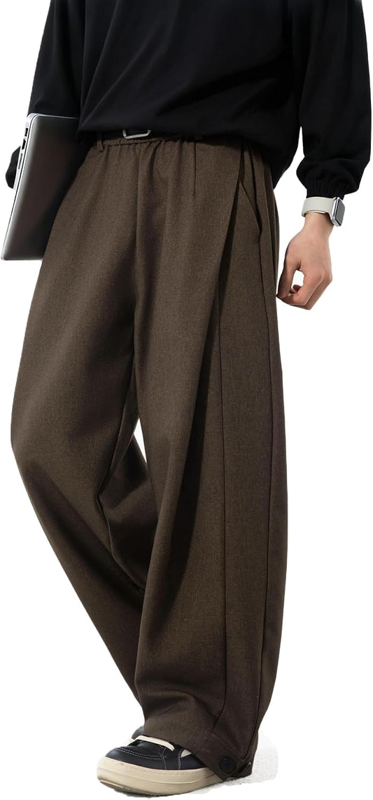 Mens Pleated Wide Leg Baggy Dress Pants Casual Elastic Waist Fall Long Trousers with Pockets