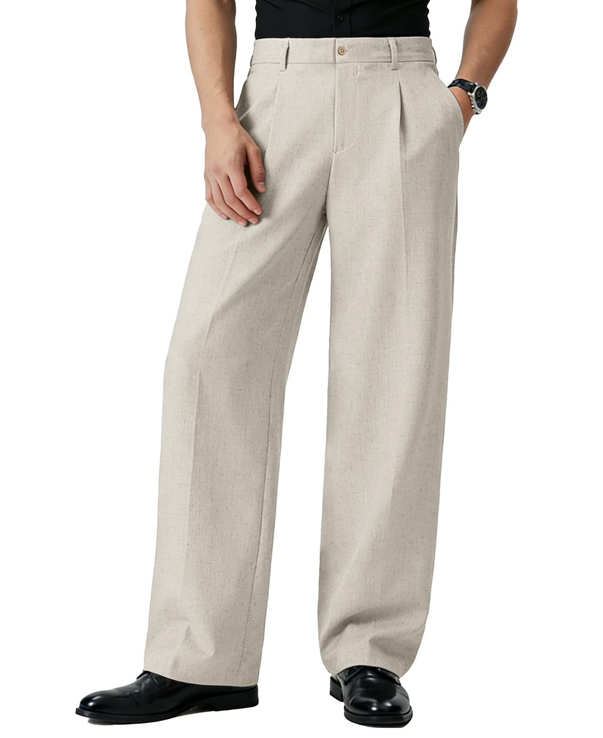Susclude Mens Linen Casual Dress Pants Old Money Wide Leg Baggy Pleated Vintage Relaxed Fit Slacks Work Office Trousers