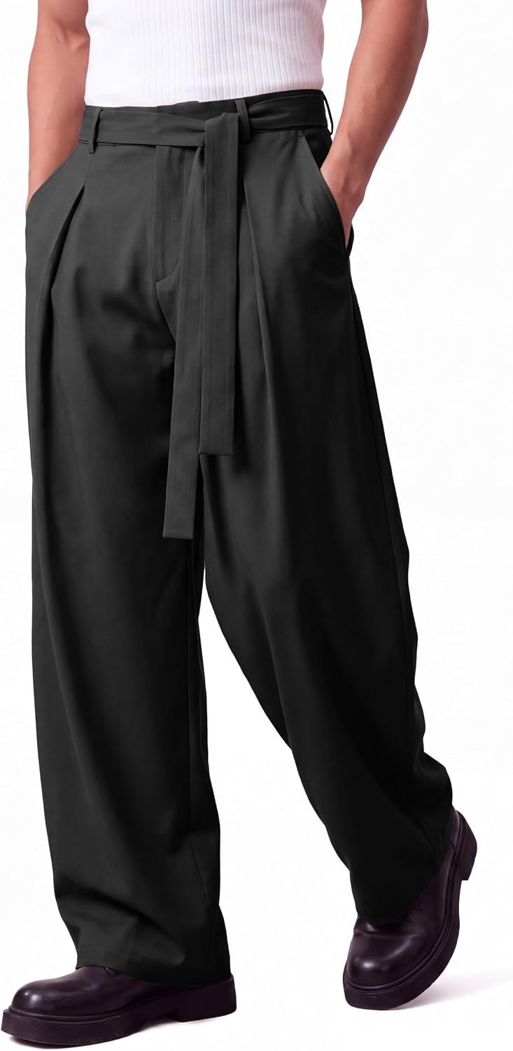 Runcati Mens Baggy Dress Pants Wide Leg Casual Lightweight Slacks with Belt