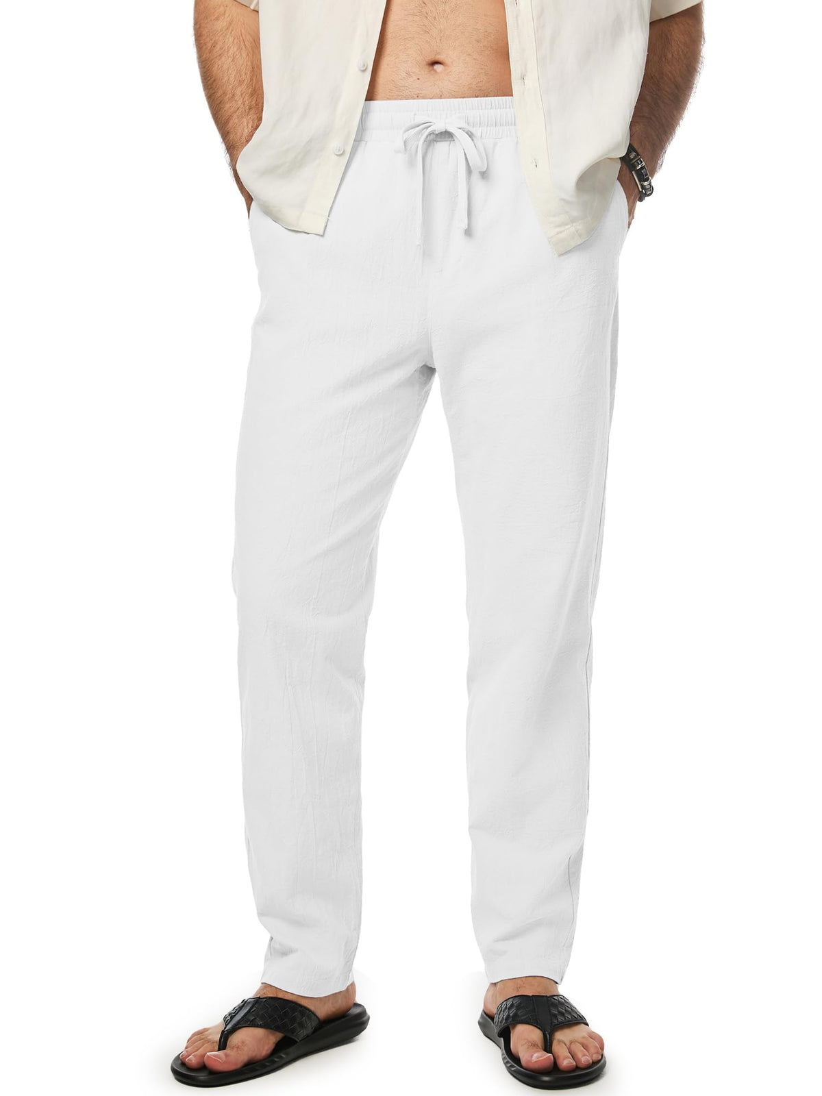 JMIERR Mens 100% Cotton Pants Casual Elastic Waist Drawstring Lightweight Summer Beach Trousers with Pockets
