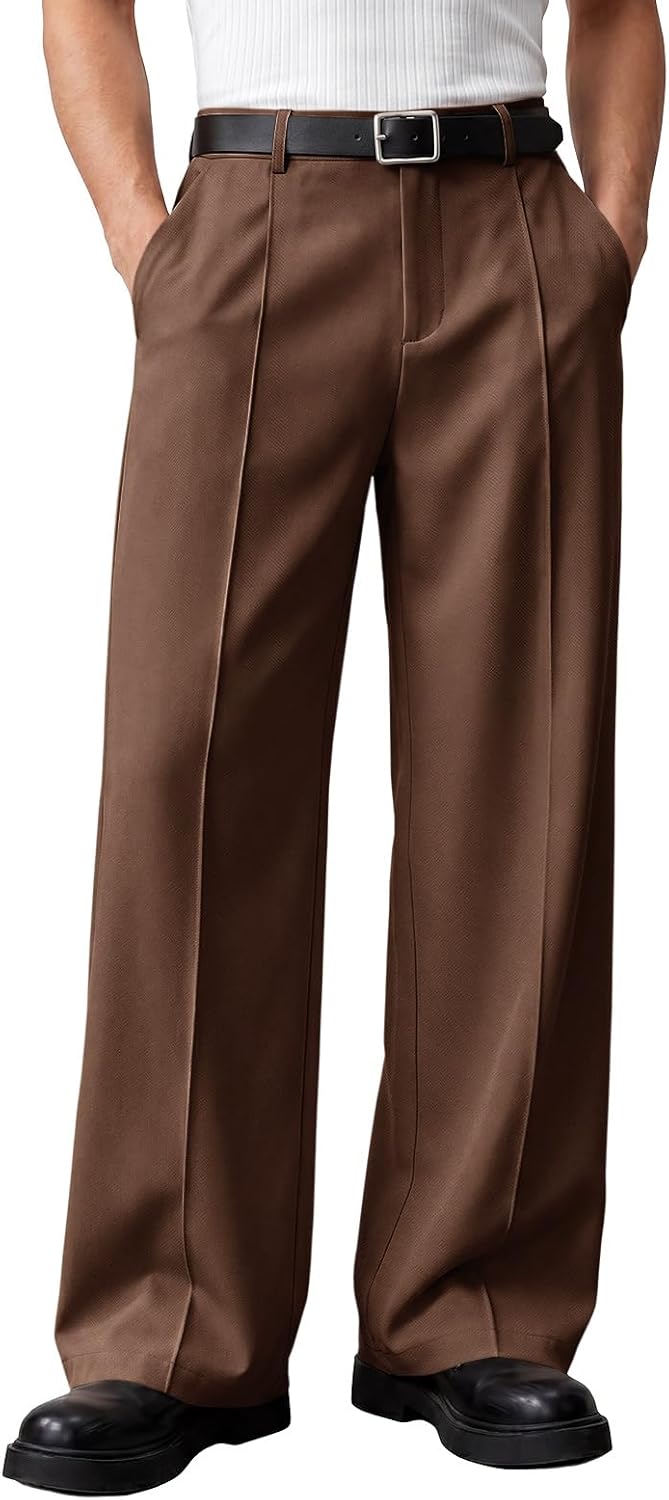 Runcati Mens Baggy Dress Pants Casual Pleated Wide Leg Lightweight Trousers