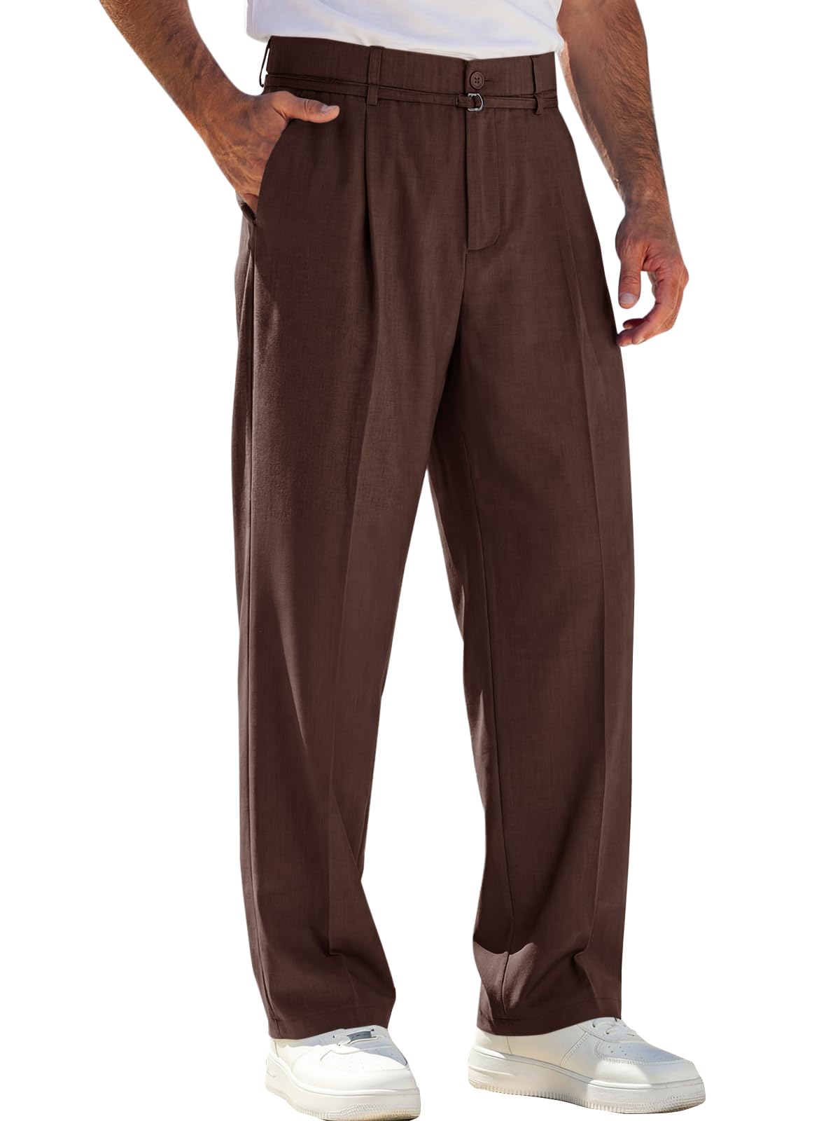 Runcati Mens Casual Dress Pants Elastic Waist Pleated Baggy Wide Leg Slacks